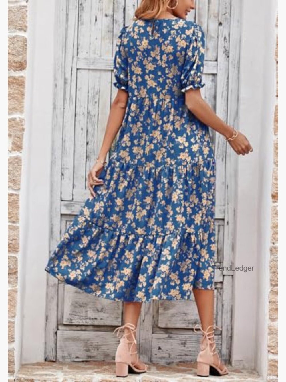 Boho Floral Midi Dress with Puff Sleeves - Summer Beach Sundress - Picture 2 of 7